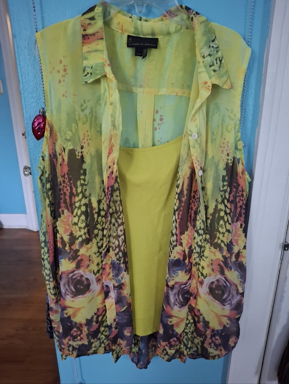 I. Jeans By Buffalo Women's XL 2-fer Sleeveless BOHO Blouse & Tank Yellow Floral - Picture 2 of 8